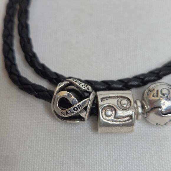Pandora Sterling Silver Black Leather Braided Wrap Bracelet w/ 3 Charms - Picture 3 of 10